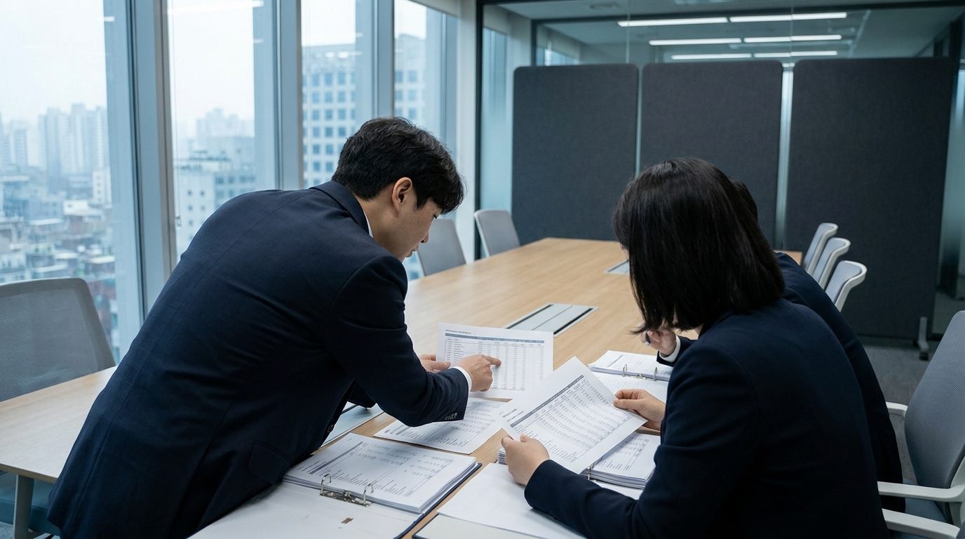 회의실에서 정산 서류를 검토하는 회계 전문가